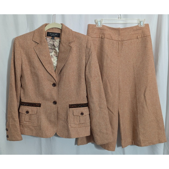 00s Signature Larry Levine Orange Tweed 2pc Culotte Suit Size 8 Wool Blend - Picture 1 of 8
